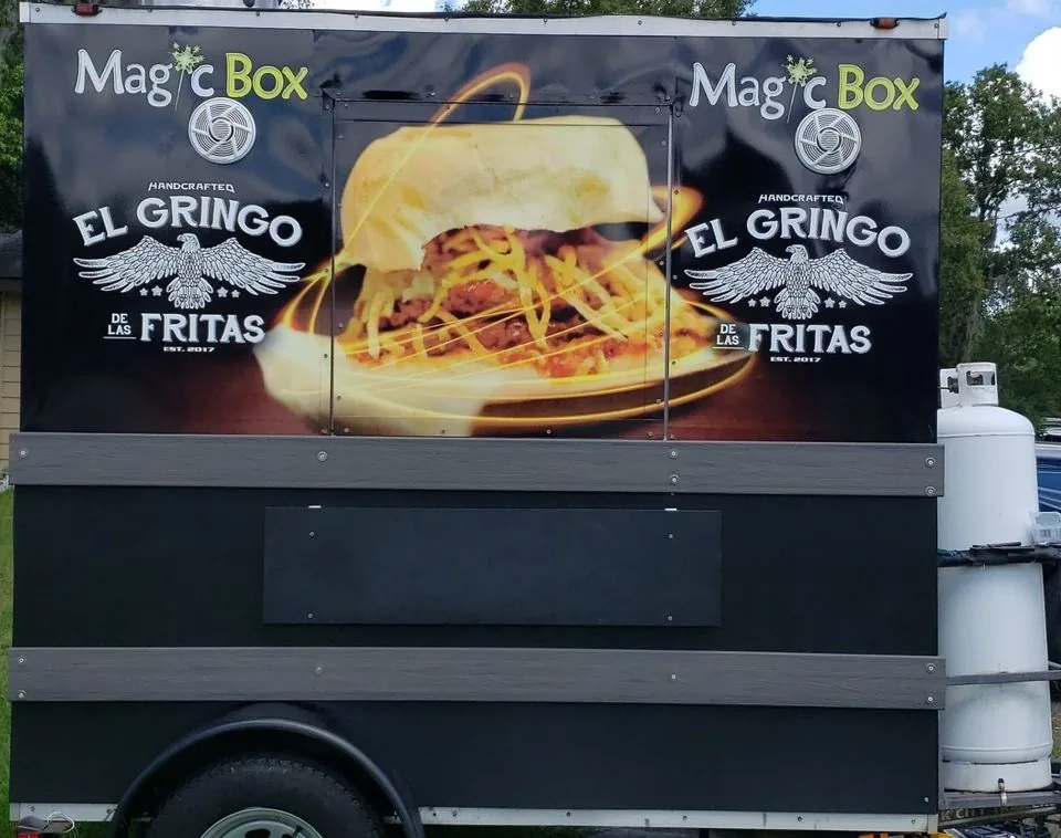 Magic Box trailer wrapped with the El Gringo de las Fritas logo